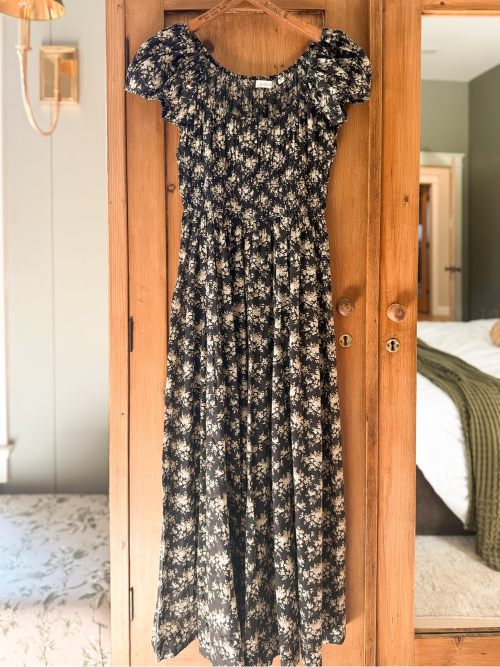 NWT DÔEN Quinley Dress S Noir Rosier Floral Organic Cotton Smocked Midi Maxi